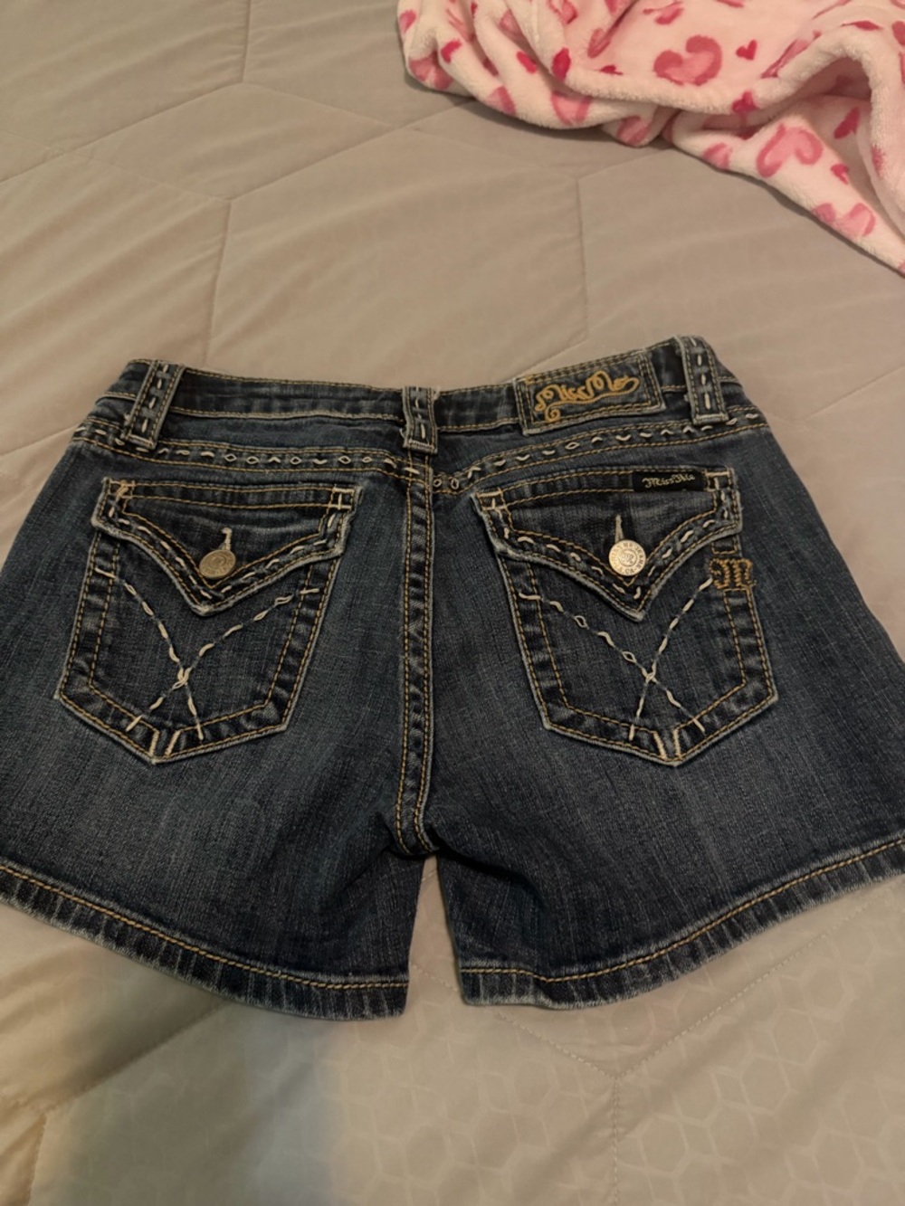 Miss Me Distressed Dark Blue Denim Shorts with Embroidered Pockets